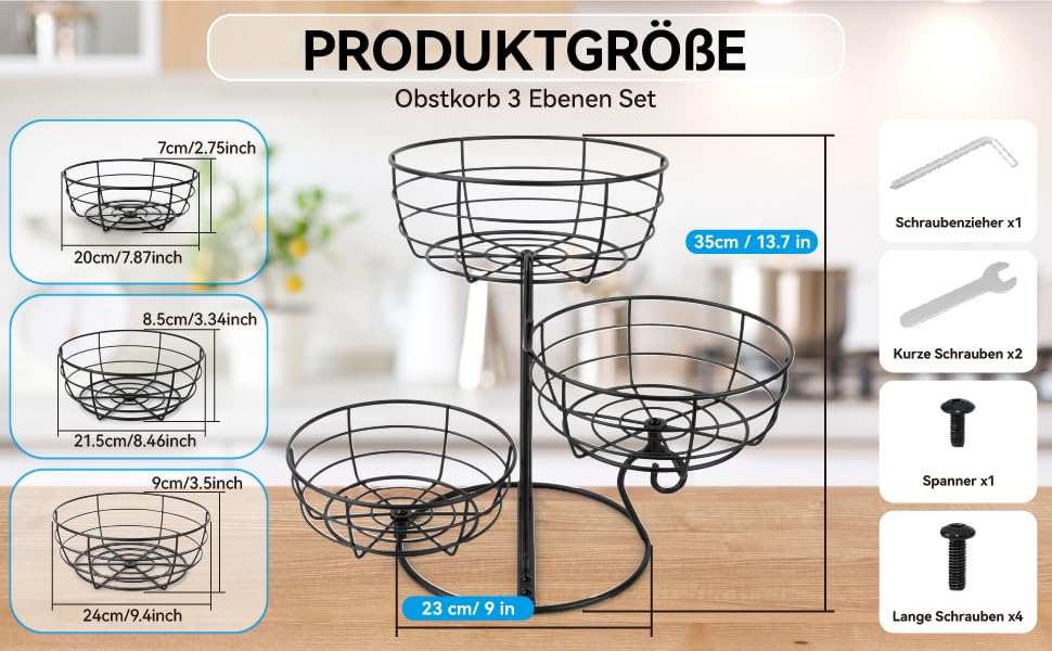 Багатоярусна підставка для фруктів Obst Etagere, чорна. 3 яруси, для кухні, вітальні, їдальні. Організація зберігання, економія місця.