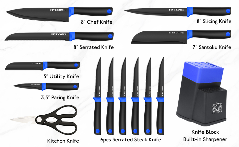 Набір кухонних ножів FIVE COWS (14 предметів) з самозаточуванням, з ножем для стейка та ножицями, синій