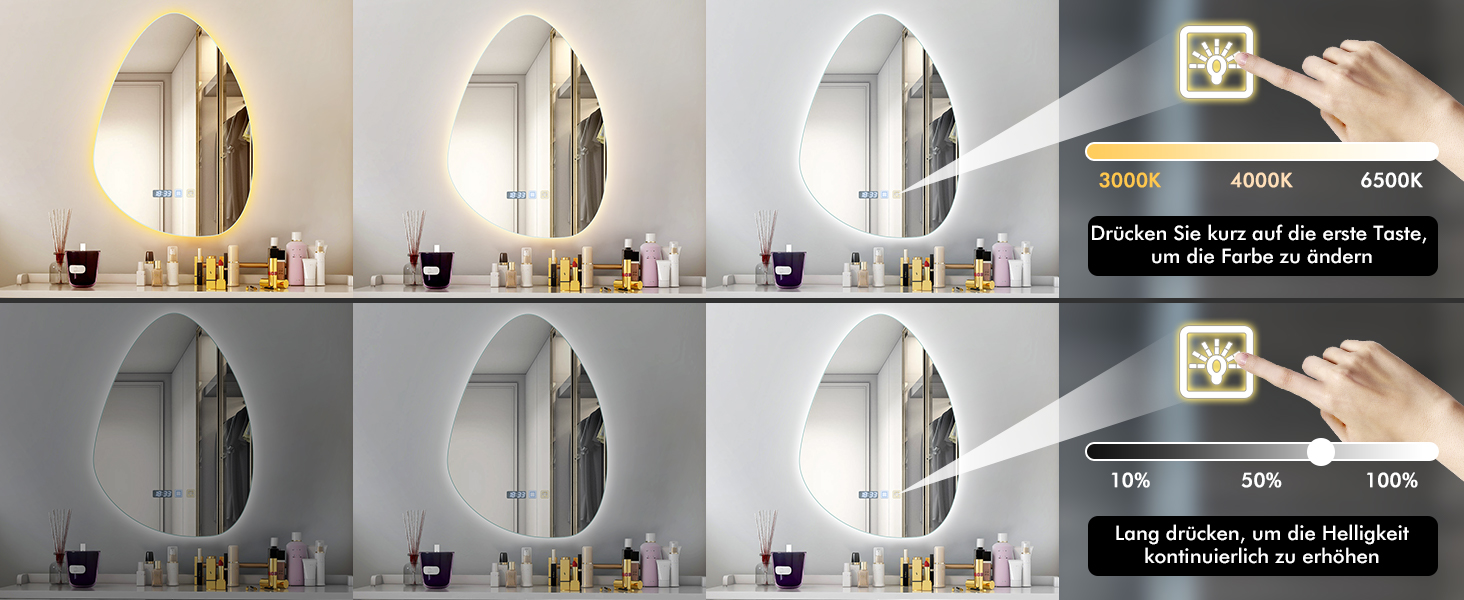 Круглий дзеркало для ванної кімнати з LED-підсвічуванням, 60 см, функція запобігання запотіванню, сенсорне управління & Bluetooth, регулювання яскравості, 3000K/4000K/6500K, HD-загартоване скло, дзеркало для ванної кімнати зі світлом (500*700 мм - крапельна форма)