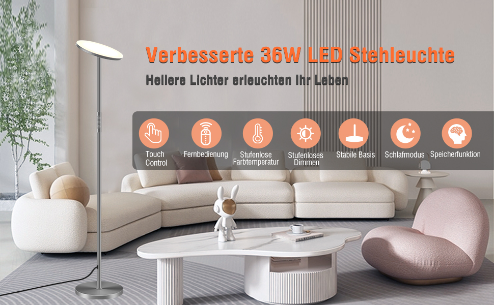 Стеляна LED-лампа Stehlampe для вітальні, 4200LM з регулюванням яскравості, пультом та сенсорним керуванням, 36W, сірий колір