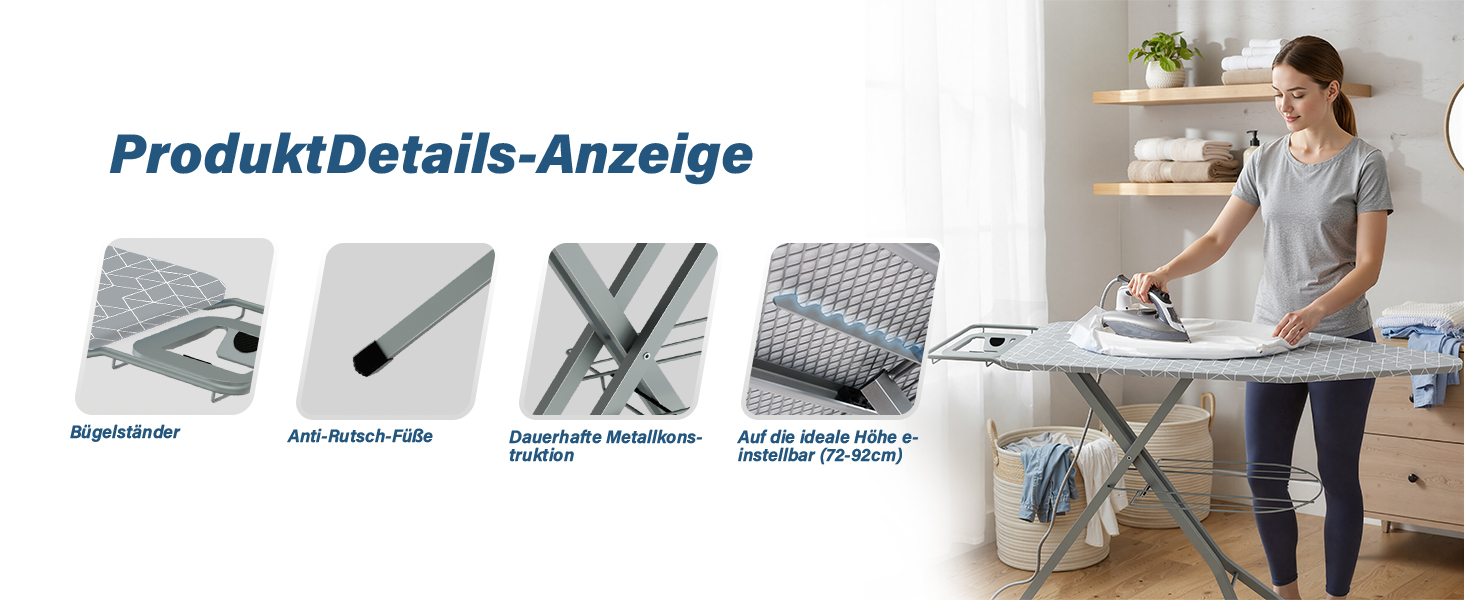 Гладильна дошка STANEW XXL 120 x 45 см – розкладна та регульована по висоті з системою безпеки, підставкою для праски та неслизькими ніжками