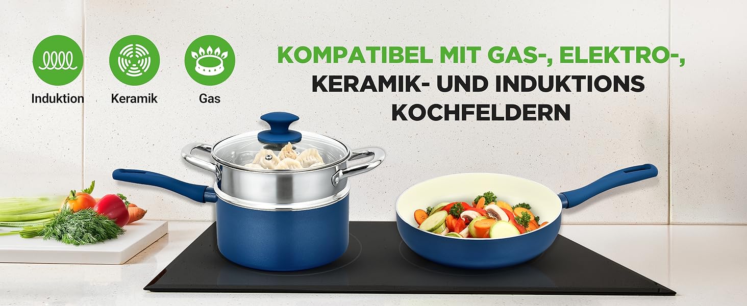 Набір кухонного посуду NutriChef 54 елементи – сковороди, каструлі, аксесуари, з ножами, формами для випічки – для Induktion, газу та електро – здорове та знежирене приготування їжі