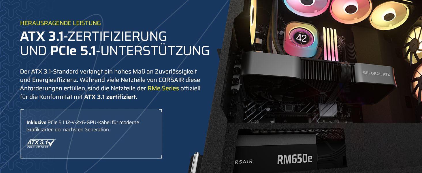 Блок живлення Corsair RM650e (2025) 650W, повністю модульний, ATX 3.1, PCIe 5.1, 12V-2x6, Cybenetics Gold, низький рівень шуму, чорний