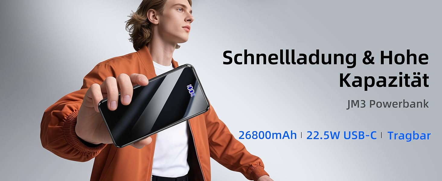 Power Bank 26800mAh з швидкою зарядкою 22,5W USB-C PD3.0 & QC4.0. Портативний акумулятор для iPhone, Galaxy та інших пристроїв. LED дисплей, чорний