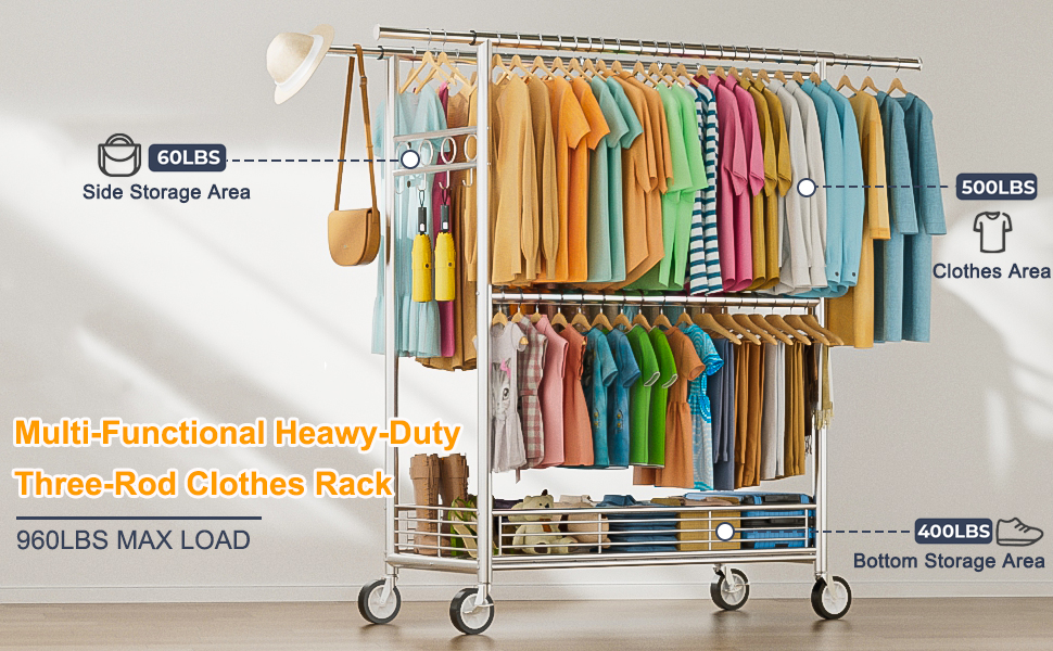 Вішалка для одягу Bomclap з міцним навантаженням, хромована, з колесами, висувна, 3 перекладини, 8 гачків, металева полиця, до 160 кг