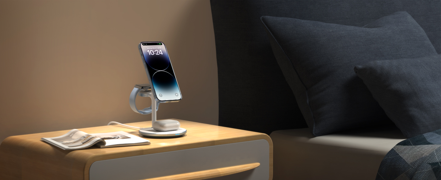 База для бездротової зарядки 3-в-1: iPhone, iWatch, AirPods, 15W, MagSafe, фіолетовий (світло-блакитний)