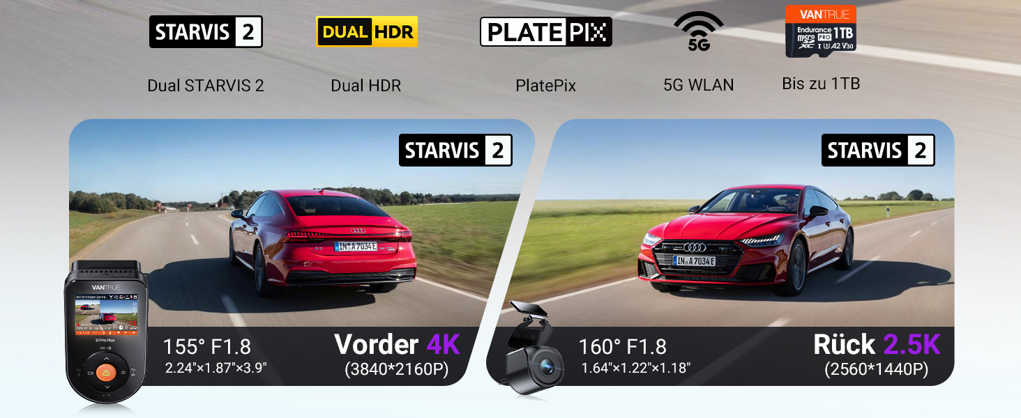 Автомобільний відеореєстратор VANTRUE S1 PRO MAX 4K + 4K Dual Dashcam з нічним баченням STARVIS 2, HDR, GPS, 5.8GHz WLAN, 24Год режим паркування, ADAS, підтримка LTE та карт пам'яті до 1ТБ