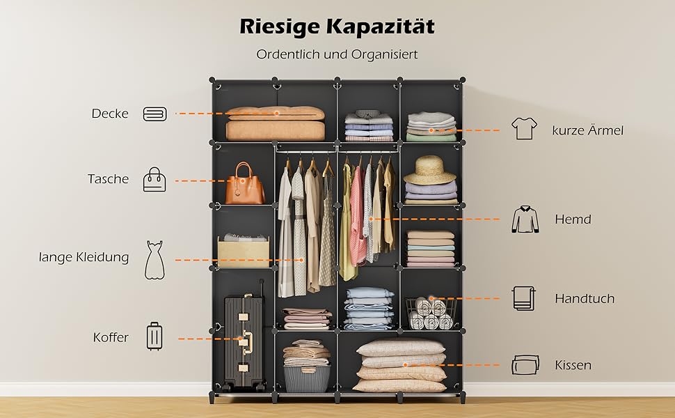 Шафа HOMIDEC модульна пластикова, 20 кубів, 2 штанги для одягу, біло-чорна, 180x142x45 см, для спальні
