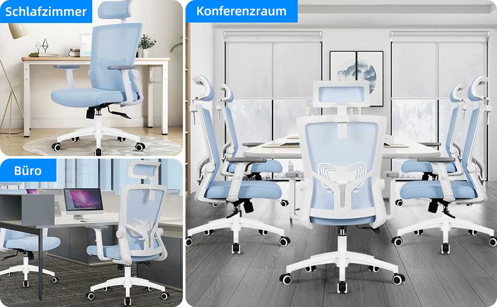 Ергономічне крісло Daccormax для офісу: регульована підголовник, підлокітники, підтримка попереку, поворотний механізм, функція гойдання, дихаюча сітка, для спини, до 150 кг (Блакитний)