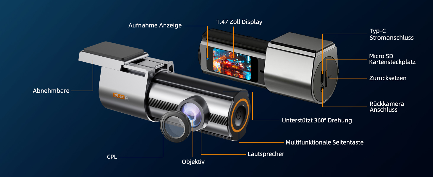 Відеореєстратор Auto Dashcam 4K WiFi з SD 64GB, 360° обертання, CPL, Super Night Vision, WDR, 170° та G-Sensor