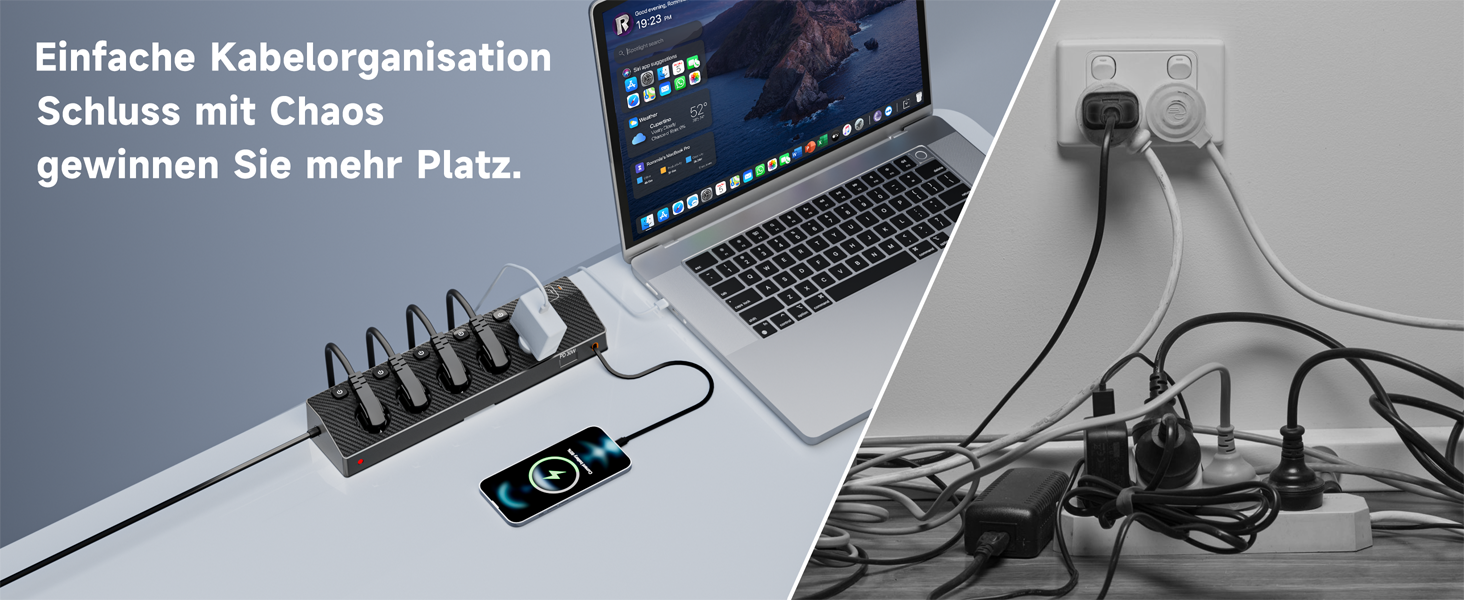 Настільний мережевий фільтр з 5 розетками та 2 USB-C (PD 30W), подовжувач з вимикачем, 4000 Вт, кабель 3м, чорний