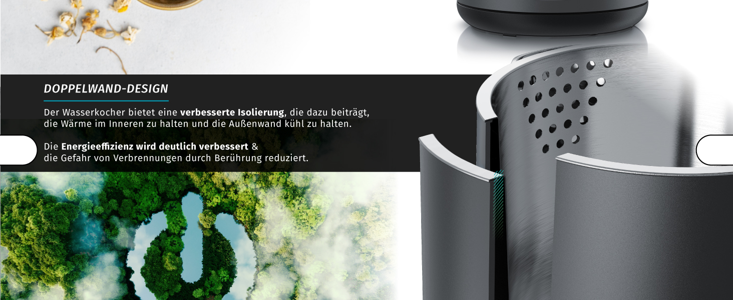 Електричний чайник Arendo з нержавіючої сталі 1.5 л, 2200 Вт, подвійні стінки, 360°, без BPA, захист від перегріву та сухого кипіння, чорний матовий сірий, 1.5 л