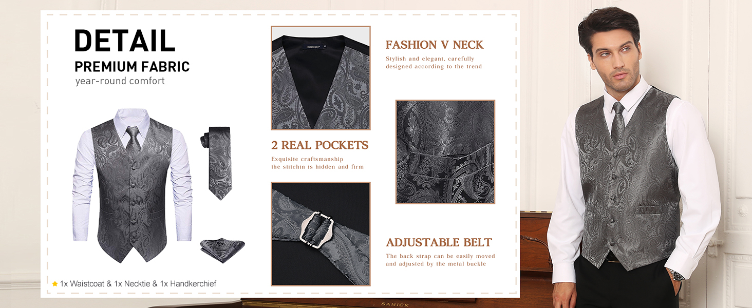 Костюм-трійка для чоловіків HISDERN V3-01: елегантна жилетка з двобортною застібкою, вузький крій, жаккард з візерунком пає, чорний, 6XL