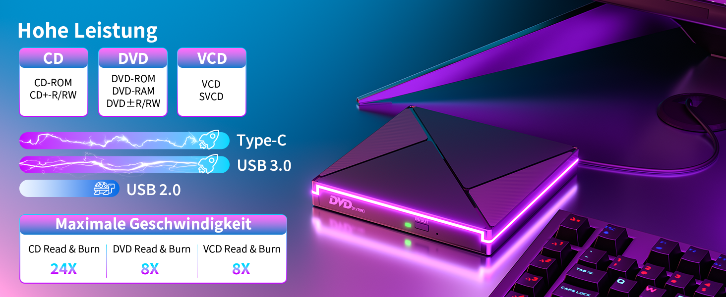 Зовнішній CD/DVD привід USB 3.0 та USB-C, оптичний накопичувач CD/DVD +/-RW ROM Brenner з RGB підсвіткою для ноутбука, ПК, MacBook, Windows та MacOS