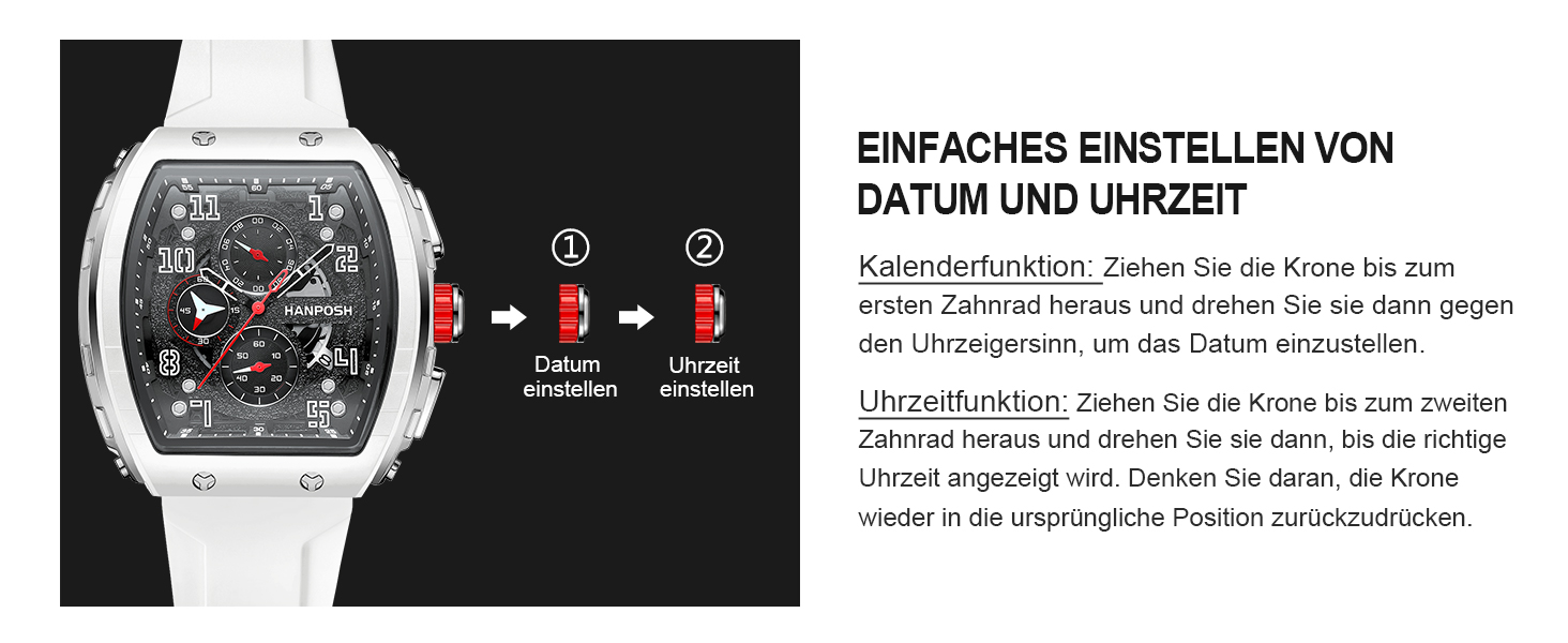 HANPOSH Чоловіжі годинники: аналогові кварцові годинники для спорту та тактики, водонепроникні, чорно-білі