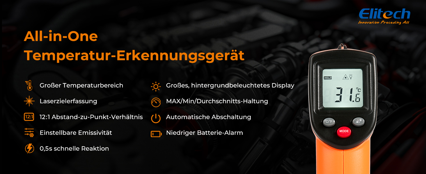 Інфрачервоний термометр Elitech -50~530℃: швидке вимірювання, лазерна ціль, для промисловості, будівництва та дому