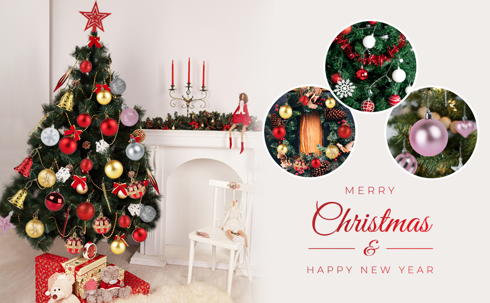 Набір прикрас для ялинки Agoer 100 шт. - блакитні, рожеві та срібні кульки з блискітками, пластик