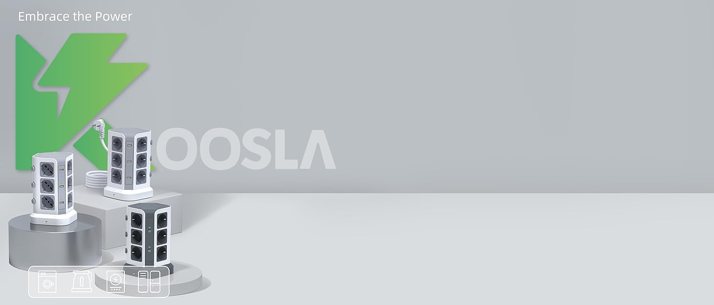 Стедова колонка KOOSLA з 12 розетками, захистом від перенапруги (4000W/16A) та 6 USB, 5м, білий - для офісу, кухні, столу