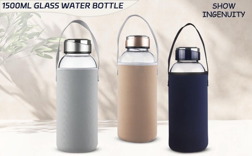 1.5 Liter / 1.5L Glass Drinking Bottle with Neoprene Sleeve 1500ml Borosilicate Glass Water Bottle with Stainless Steel Lid BPA Free Glass Bottle