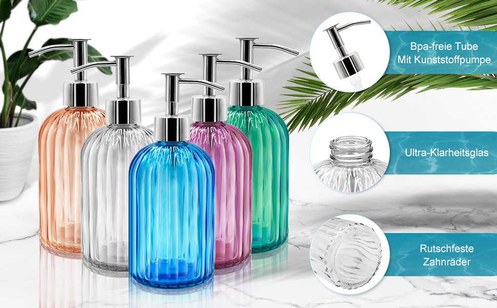 Набір з 2 скляних дозаторів для мила з помпою, 400 мл, для мила, шампуню, лосьйону, багаторазові, для кухні, ванної, пральні (темно-сірий)