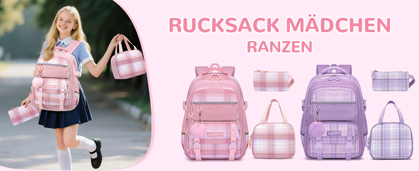 Шкільний рюкзак для дівчинки з візерунком, дихаючий та водовідштовхуючий рюкзак для 1-5 класів (рюкзак для дітей + ізольована ланч-торбинка + пенал, Рожевий)