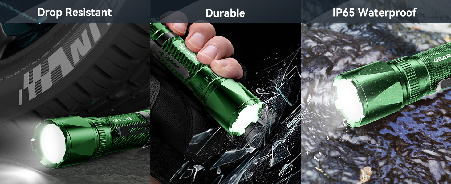 Тактичний ліхтарик Gearlite: перезарядна LED лампа 3000 люмен з зумом, 3 режими, водонепроникний IP65, для кемпінгу, риболовлі, тактики