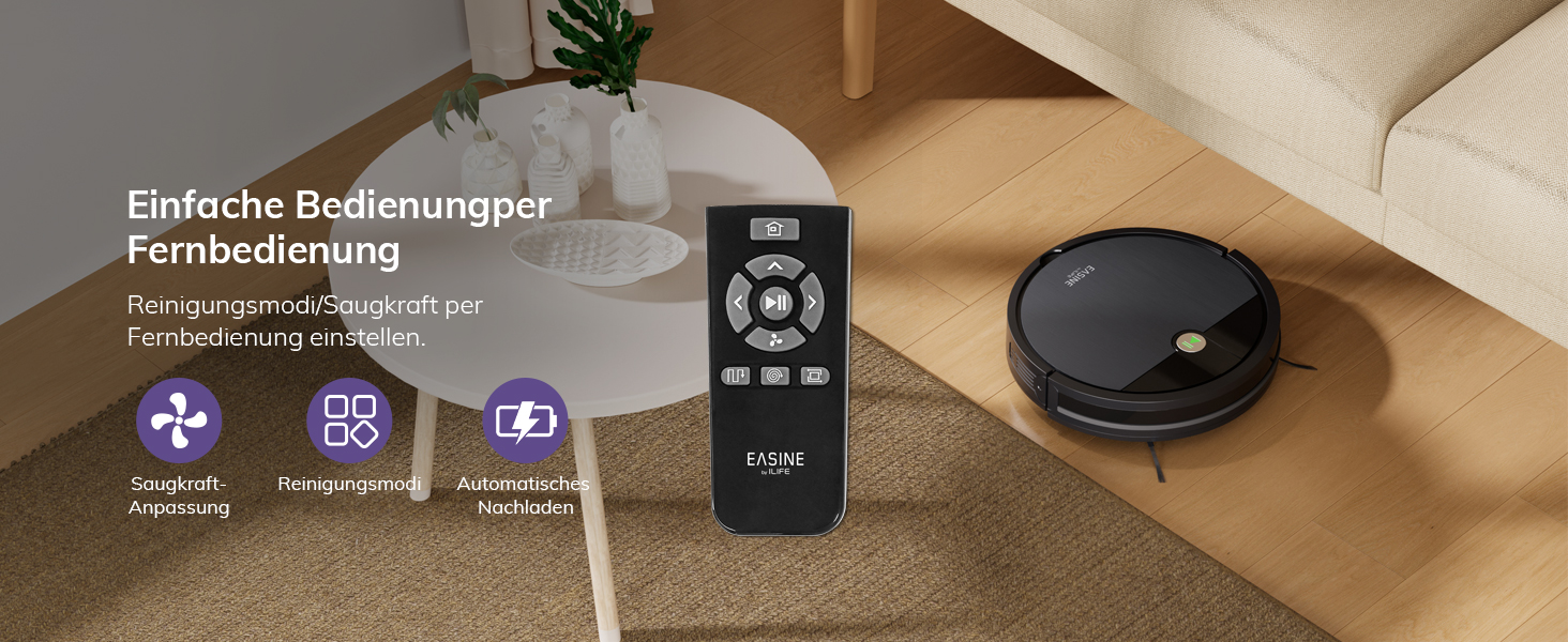 Робот-пилосос безщітковий, самостійно заряджається, з пультом дистанційного керування, тихий, для шерсті тварин та твердих поверхонь, E3