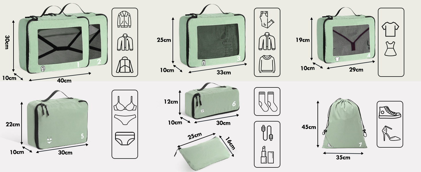 Органайзери для валізи - набір 8 шт. (зелені) - для подорожей, ручної поклажі, рюкзака