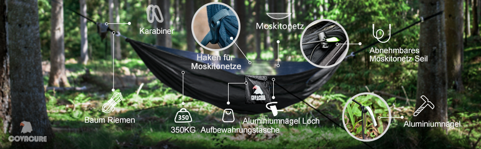 Гамак COVACURE з москітною сіткою для двох, 350 кг, 290x140 см, ультралегкий туристичний гамак для кемпінгу, саду, виживання (чорний)