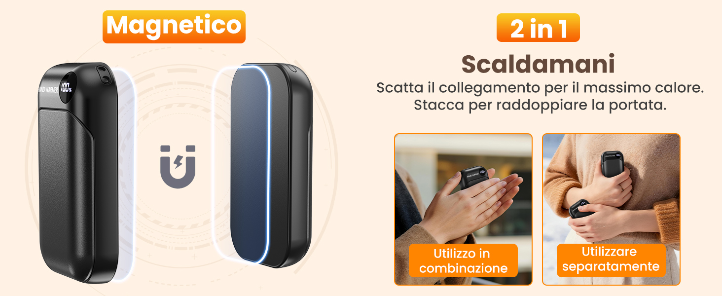 Електричний грілка для рук 2-в-1 з магнітом, 6000mAh, LED-дисплеєм, швидкий нагрів, до 9 годин роботи, для спорту, гольфу, кемпінгу, чорний