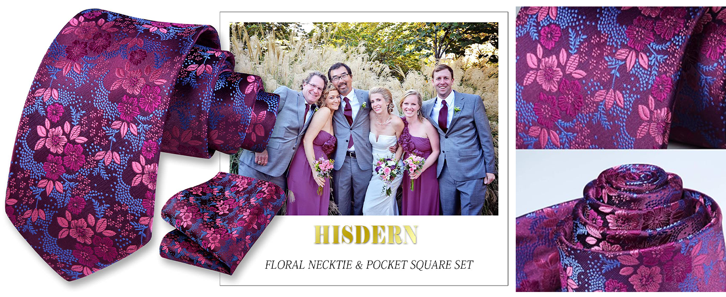 Чоловіча краватка HISDERN 160 см з кишеньковим хустиком. Набір для весілля, бізнесу. Шовкова краватка з квітковим принтом чорного та червоного кольорів.