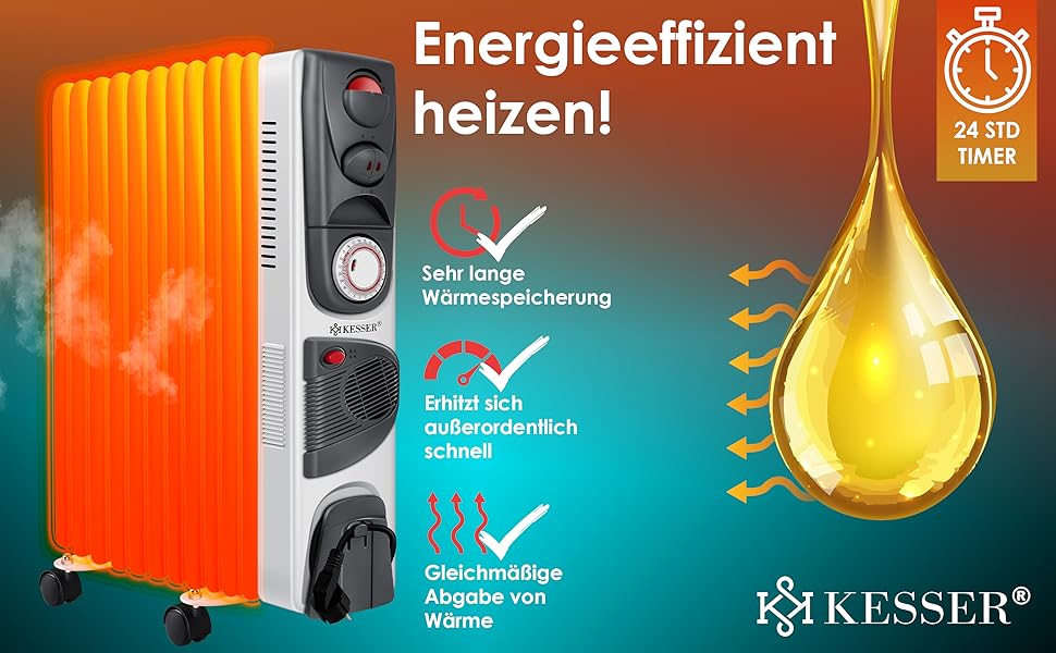 Електричний масляний радіатор KESSER® 2500W з вентилятором, 11 ребер, білий. Масляний обігрівач з таймером, регулюванням температури та захистом від перегріву.