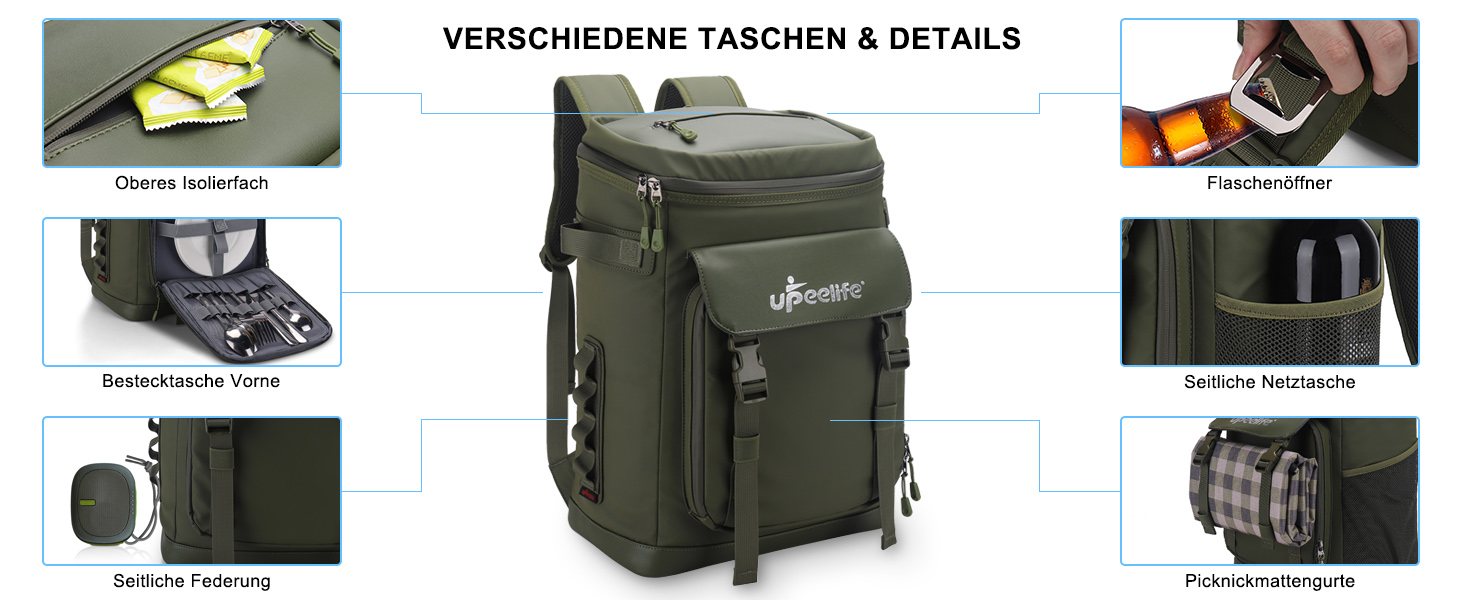 Рюкзак-холодильник Upeelife 30L з килимком для пікніка, водонепроникний, для кемпінгу та пікніків, зелений