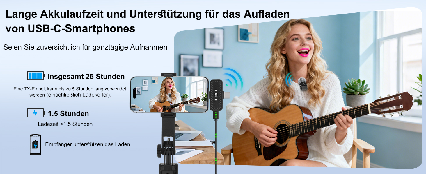 Мікрофон-петличка для iPhone/iPad/Android, бездротовий, з шумозаглушенням, 25 годин роботи, для відео, блогів, YouTube, TikTok, Live-Stream