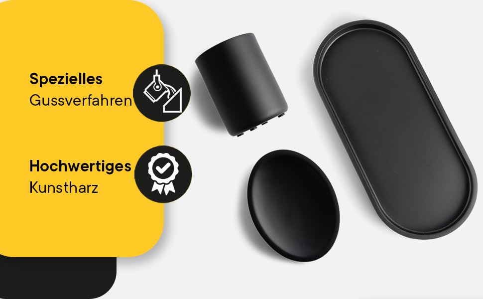 DELUXXOO® Набір аксесуарів для ванної кімнати 6 шт. чорний матовий: органайзер, диспенсер для мила, мильниця, стакан для зубної щітки, піднос, ящик для зберігання