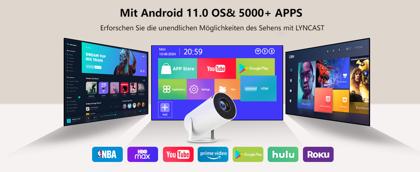 Портативний проєктор LYNCAST HY300 Pro з Wi-Fi, Bluetooth та Android 11: 1080P/4K, поворотний на 180°, для домашнього кінотеатру та на відкритому повітрі