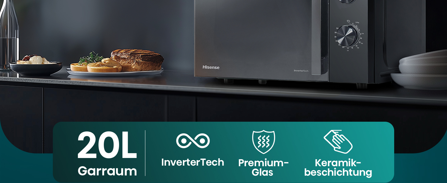 Мікрохвильова піч Hisense H20MOBS4HI 20 л з InverterTech, керамічним покриттям та дитячим блокуванням (чорний)