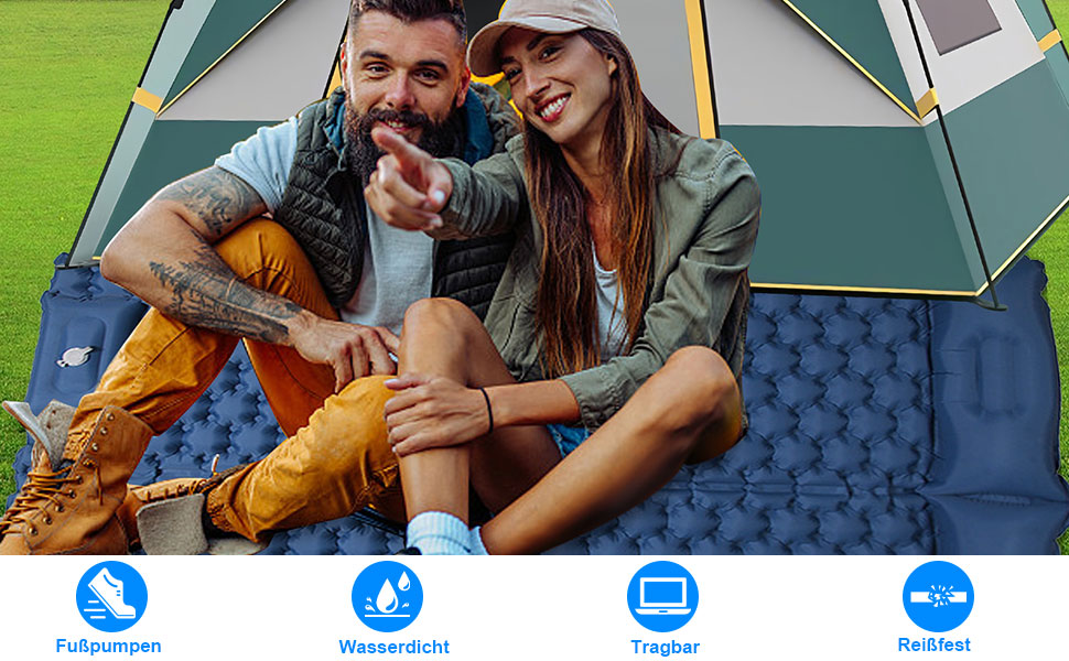 Надувний килимок для кемпінгу Mumisuto Isomatte на 2 особи з самонадуваванням, з насосом-пресом та подушкою, 196 x 125 x 9 см, блакитний
