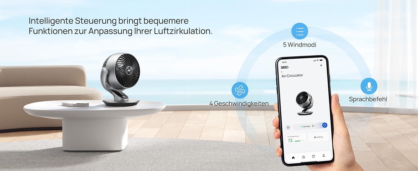 Вентилятор настільний Dreo Lynx S (срібний) – тихий, розумний, з пультом, 21 м, 4 швидкості, 5 режимів, таймер 12 год