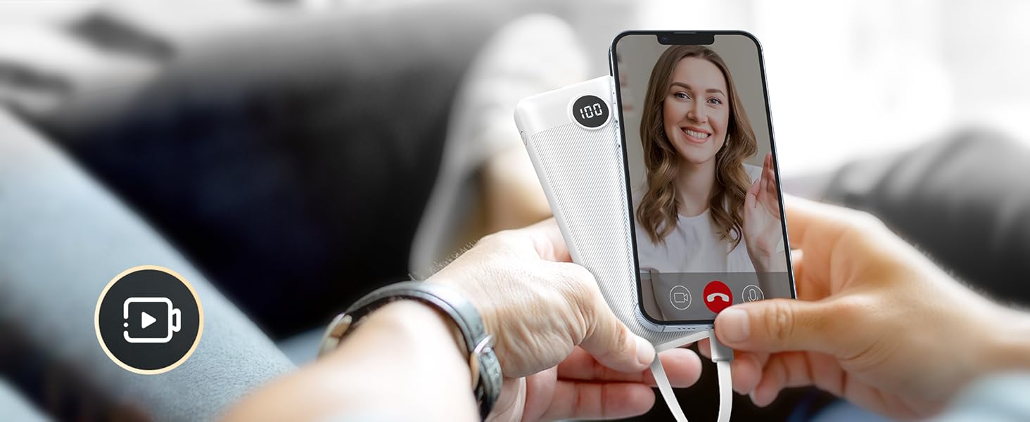 Power Bank 10000mAh з 5 виходами та 2 входами, LED дисплеєм та вбудованими кабелями. Сумісний з iPhone, iPad, Samsung, Xiaomi, Google Pixel.