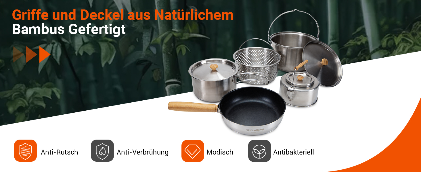 Набір посуду для кемпінгу KingCamp з кошиком, нержавіюча сталь, антипригарне покриття, 4-х частинний набір + чайник