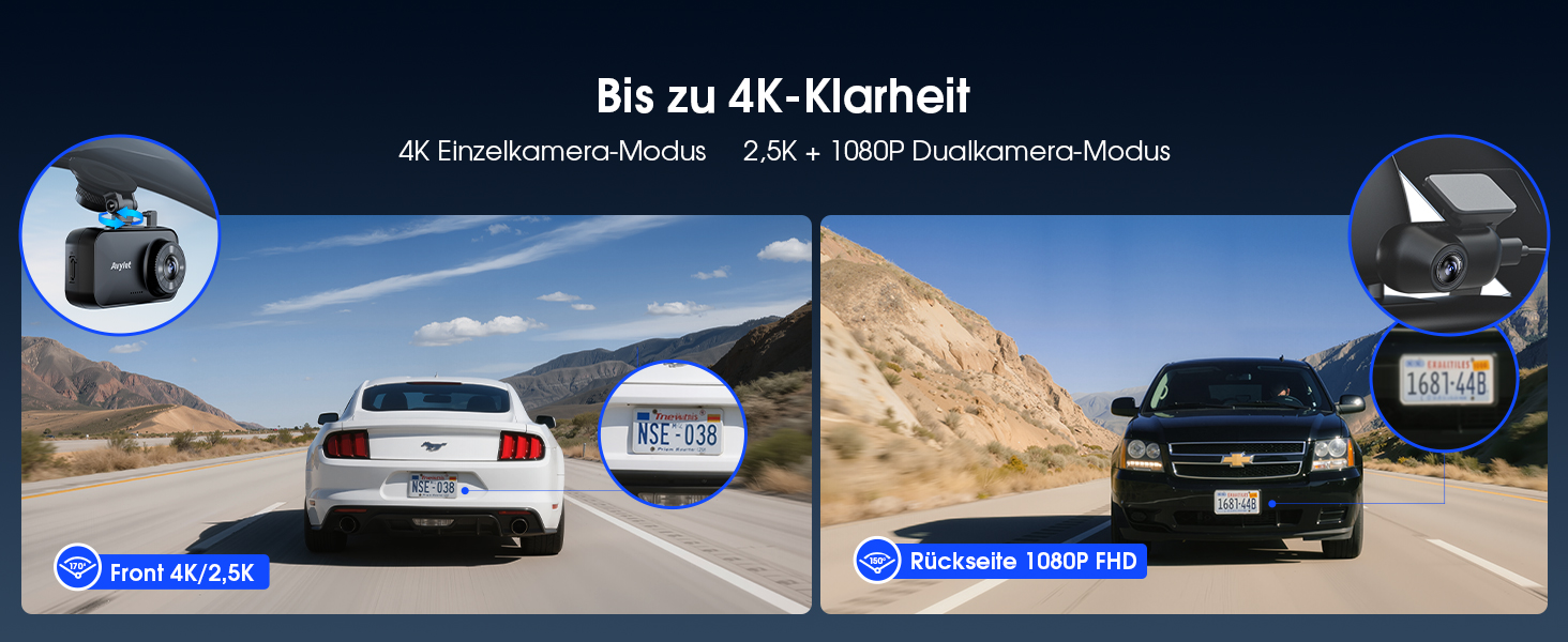 Автомобільний відеореєстратор Avylet 4K/2.5K+1080P з передньою та задньою камерами, 64GB SD карта, 5GHz WiFi, ADAS, 2.7