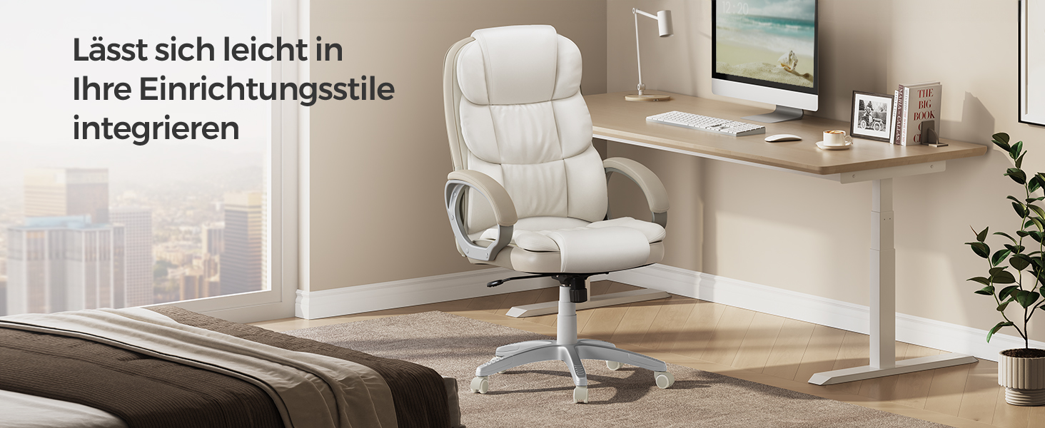 Крісло офісне SONGMICS для офісу та дому, крісло для комп'ютера, регулювання висоти сидіння, оббивка, OBG22B (кремовий, 53 x 51 x (112-122) см)