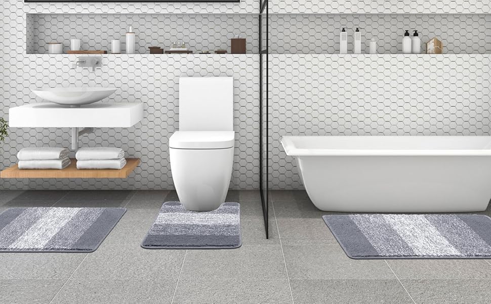 Enyhom 3-Piece Microfiber Bath Mat Set - Non-Slip Bathroom Rugs & Toilet Mat Set - Soft & Washable - Grey - 45x65cm, 50x80cm, 50x60cm