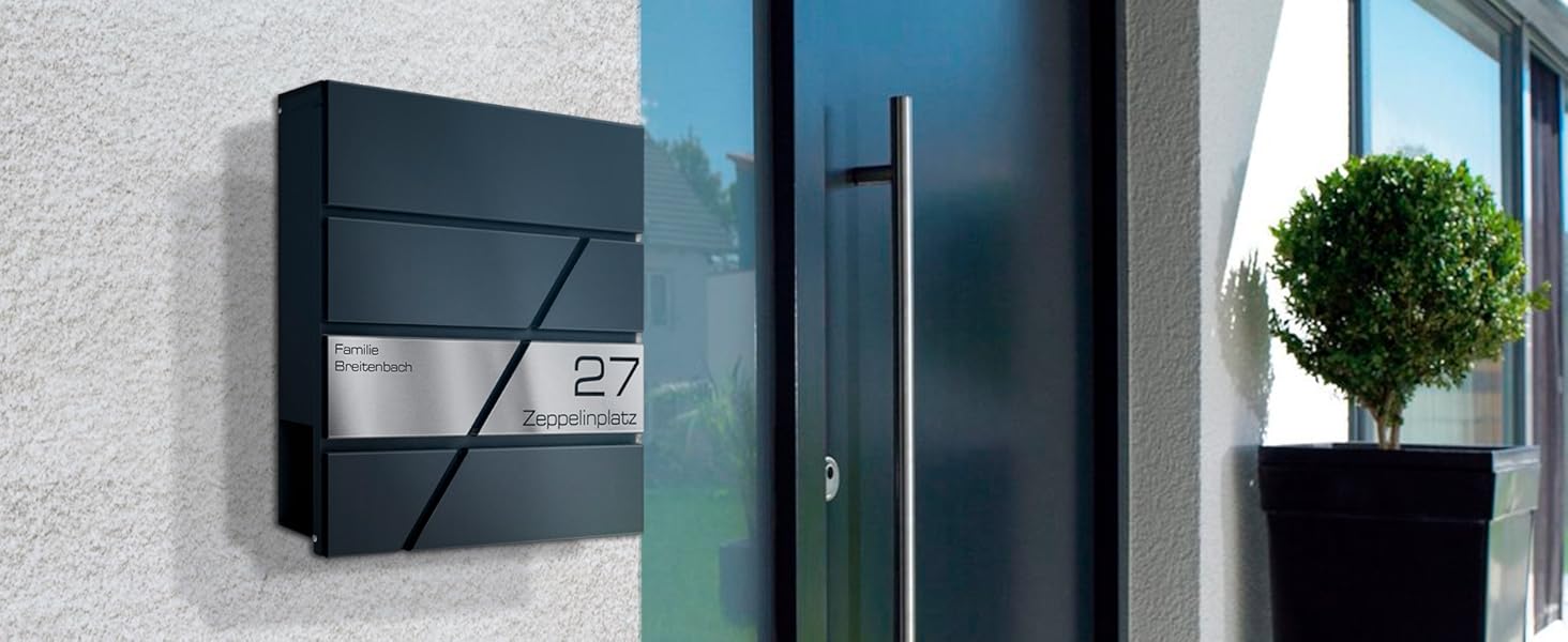 Поштова скринька Metzler персоналізована з гравіюванням, нержавіюча сталь, відділення для газет, замок, вологостійка, антрацит RAL 7016, настінний монтаж 37x37x10.5 см