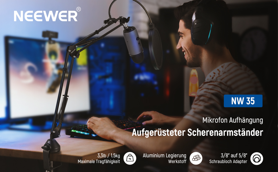 Тримач для мікрофона Neewer NW-35A: підвіс-боом, шарнірний кріплення, сумісний з Blue Yeti, Quadcast та іншими мікрофонами (до 1.5 кг)