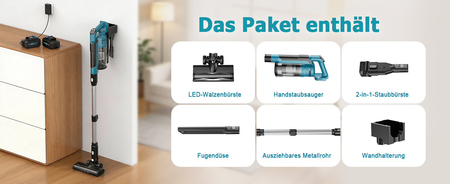 Бездротовий акумуляторний пилосос 700W з 2 акумуляторами 4.0 Ah, LED-дисплеєм, щіткою проти ковтунів, об'ємом 2L, синього кольору. Підходить для килимів, шерсті тварин та твердих підлог.