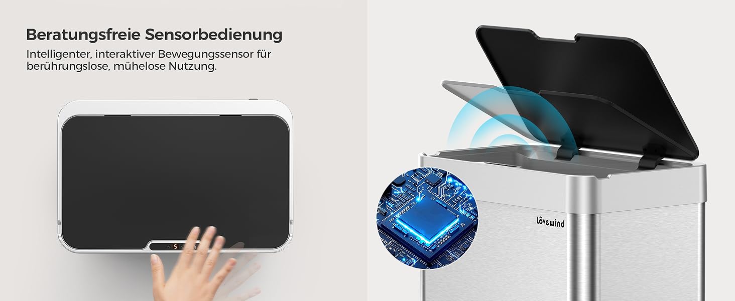 Сміттєвий бак кухонний сенсорний Lovewind 55л, нержавіюча сталь, USB-C, сріблястий