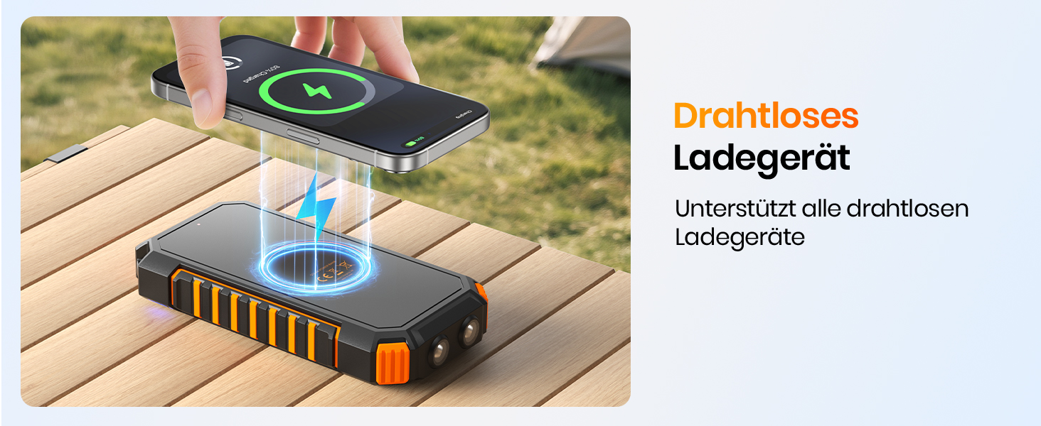 Power Bank ADDTOP 20000mAh сонячна бездротова з USB-C, швидка зарядка 3.0A, ліхтарик для кемпінгу, помаранчевий
