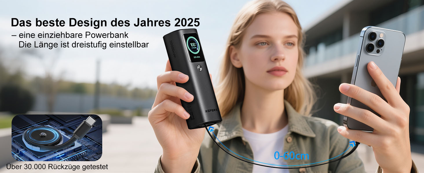 Power Bank AsperX 20000mAh 165W з USB-C кабелем, сумісний з MacBook, Dell, HP, Lenovo, iPad, iPhone, Galaxy